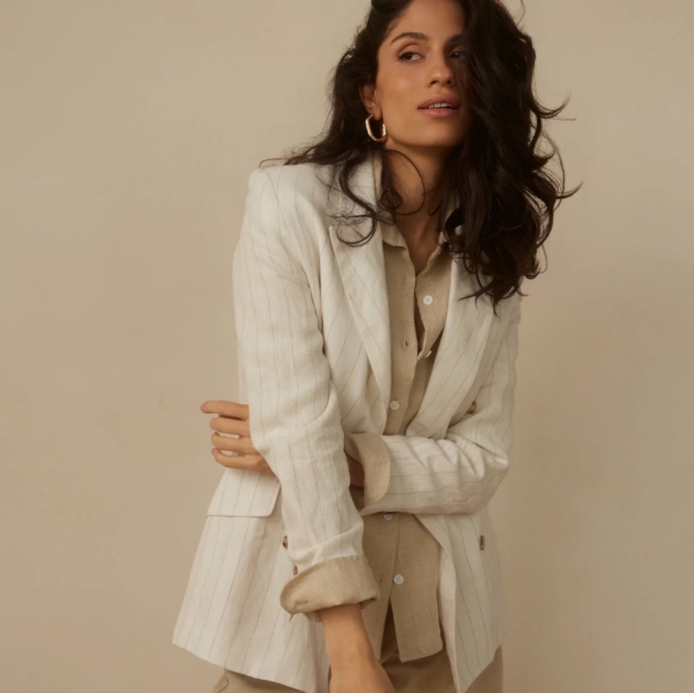 Together Cream Linen Blend  Striped‎ Blazer for Women